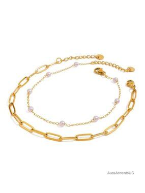 Double Layered Pearl Ankle Bracelet Gold Chain Anklet Adjustable Dainty Beach